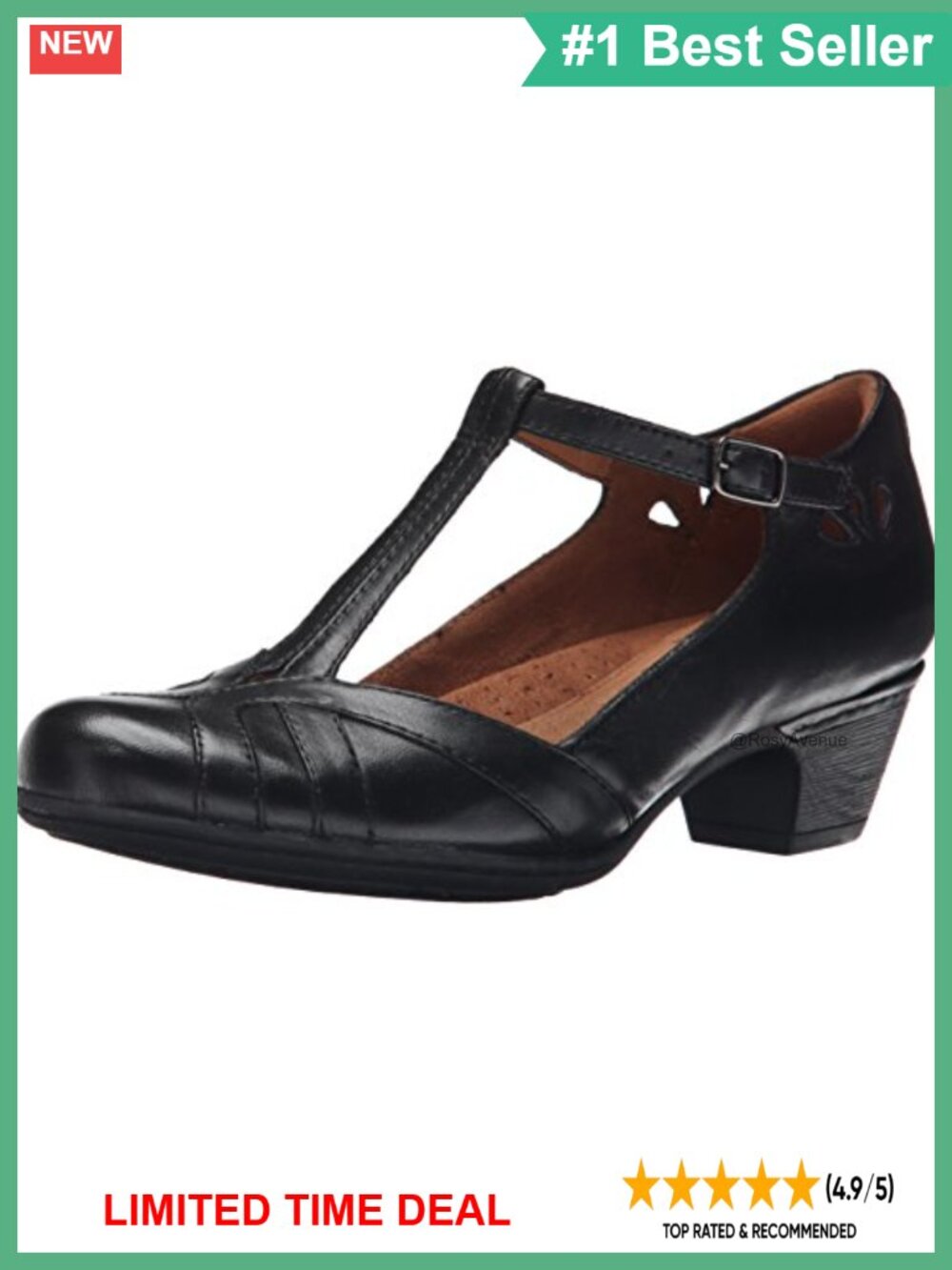T-Strap Block Heel Pump with Full Grain Leather Upper and Buckle Closure